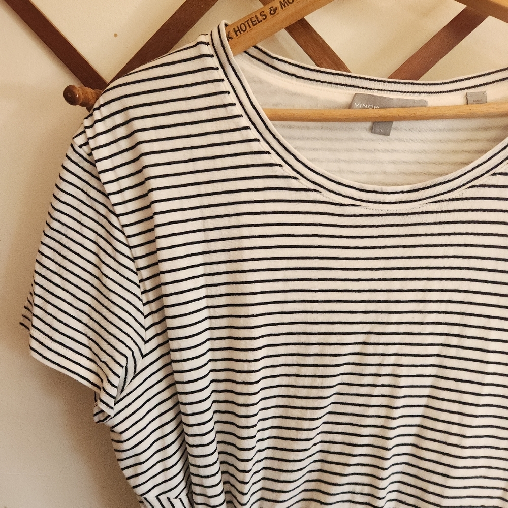 Vince Short Sleeve Tie-Side T-Shirt Mini Dress White Black Striped Large - Picture 4 of 8